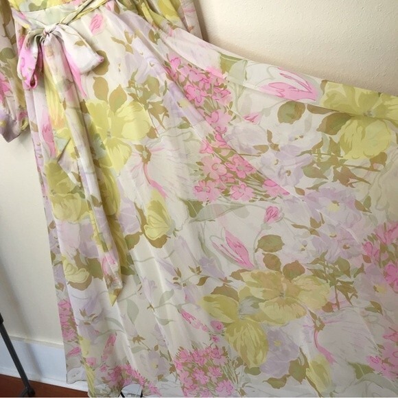 Vintage 1970s Floral Chiffon Maxi Dress Long Sleeve Tie Belt Back Zip Medium - Picture 5 of 14